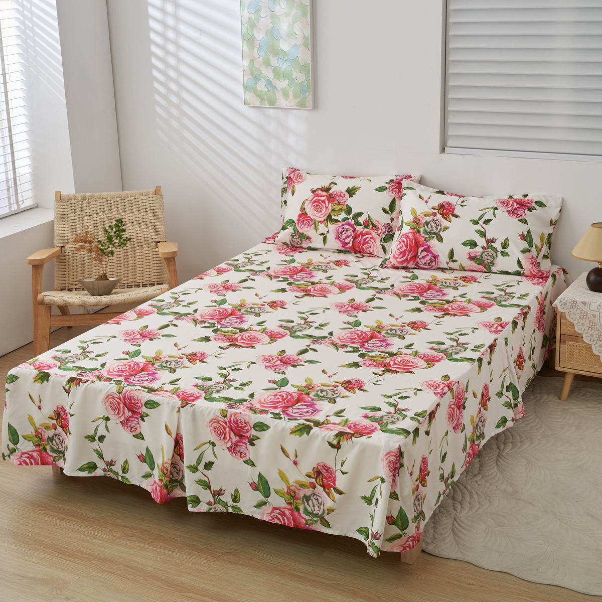 DaDa Bedding Romantic Roses Floral Bed Skirt - Matching Pink &amp; White Ruffled Dust Ruffle for Quilted Coverlet Set - Lightweight &amp; Breathable Polyester Bedskirt