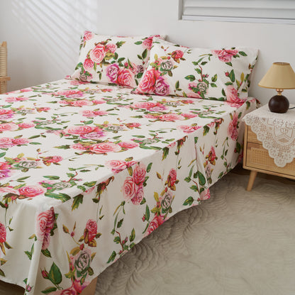 DaDa Bedding Romantic Roses Floral Bed Skirt - Matching Pink &amp; White Ruffled Dust Ruffle for Quilted Coverlet Set - Lightweight &amp; Breathable Polyester Bedskirt