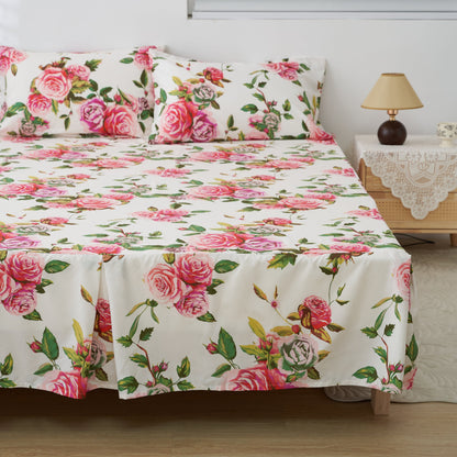 DaDa Bedding Romantic Roses Floral Bed Skirt - Matching Pink &amp; White Ruffled Dust Ruffle for Quilted Coverlet Set - Lightweight &amp; Breathable Polyester Bedskirt