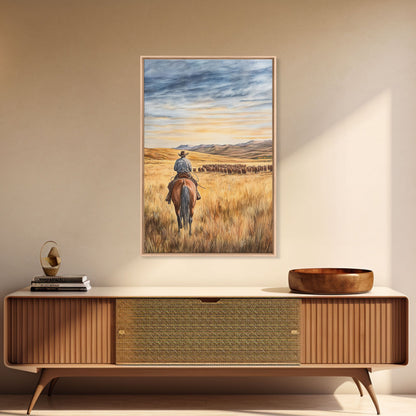 Cowboy &amp; Cattle Framed Canvas – Western Rustic Wall Art