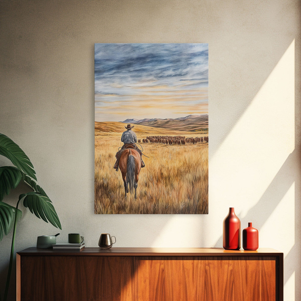 Cowboy &amp; Cattle Framed Canvas – Western Rustic Wall Art