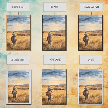Cowboy &amp; Cattle Framed Canvas – Western Rustic Wall Art