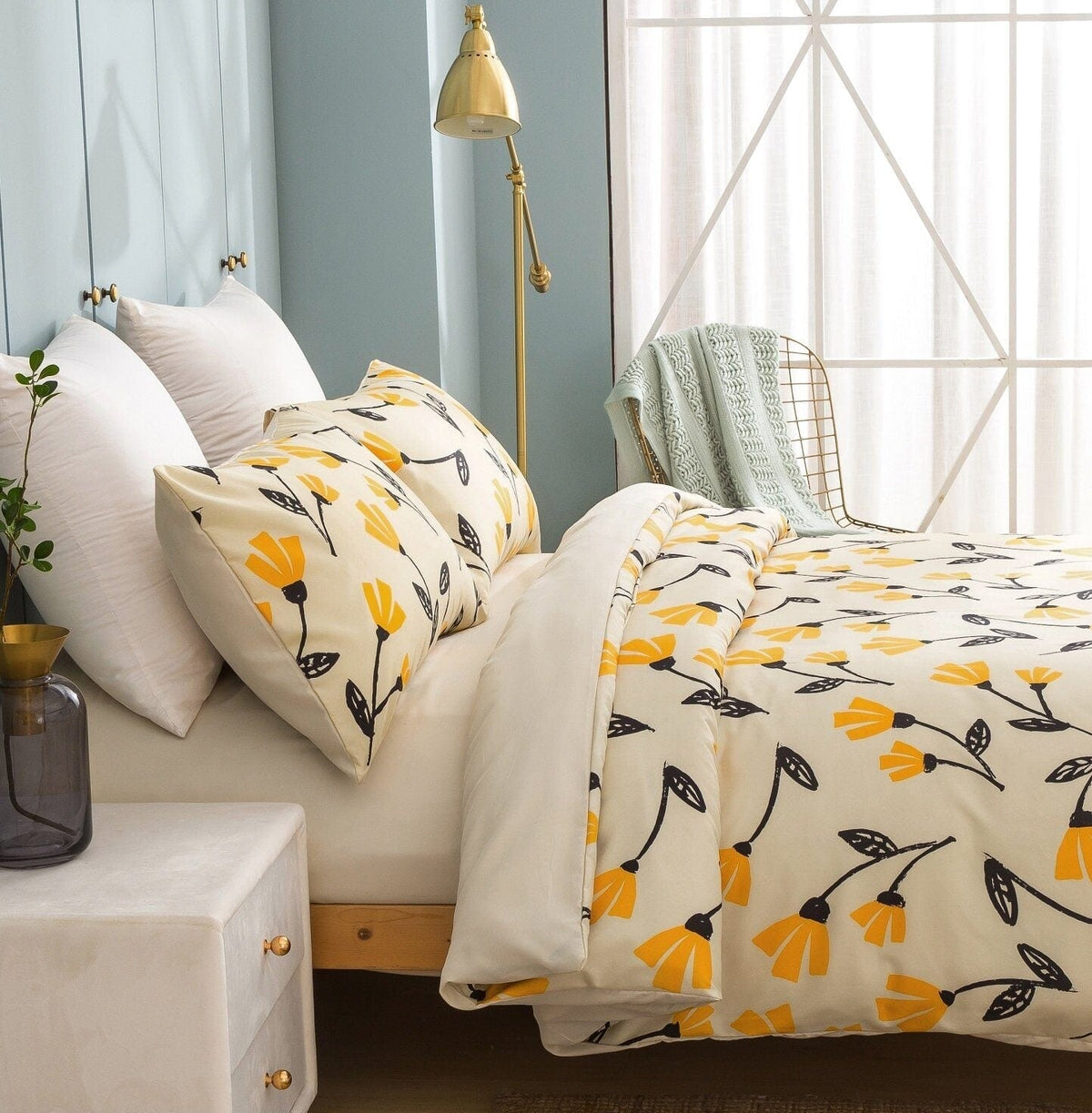 DaDa Bedding Yellow Fleur Duvet Cover, Sheets &amp; Valance Set