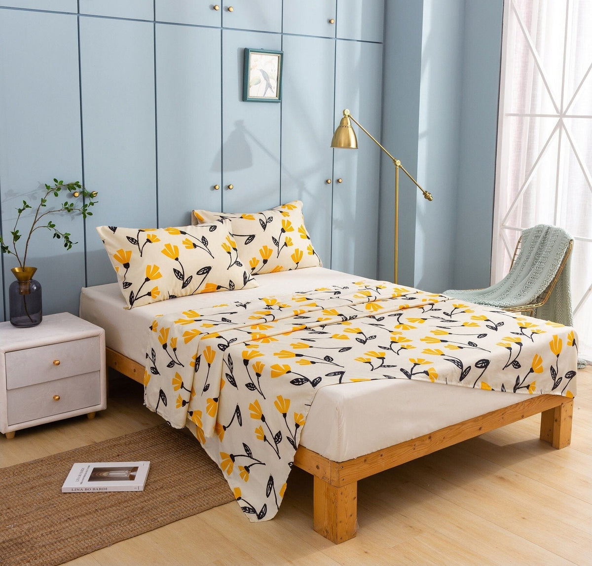 DaDa Bedding Yellow Fleur Duvet Cover, Sheets &amp; Valance Set