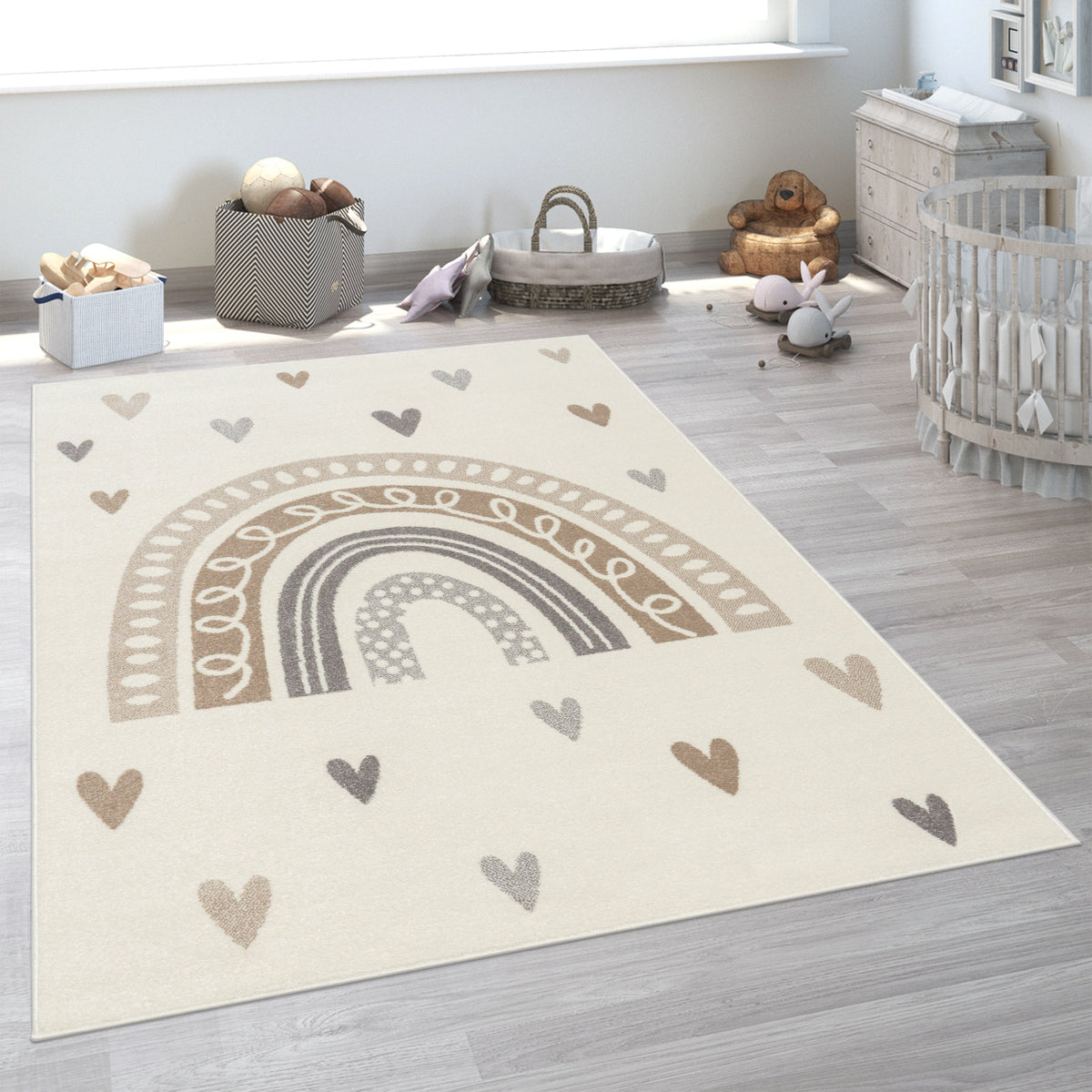 Kids Rug Nino with Rainbow and Hearts for Nursery in Beige Brown