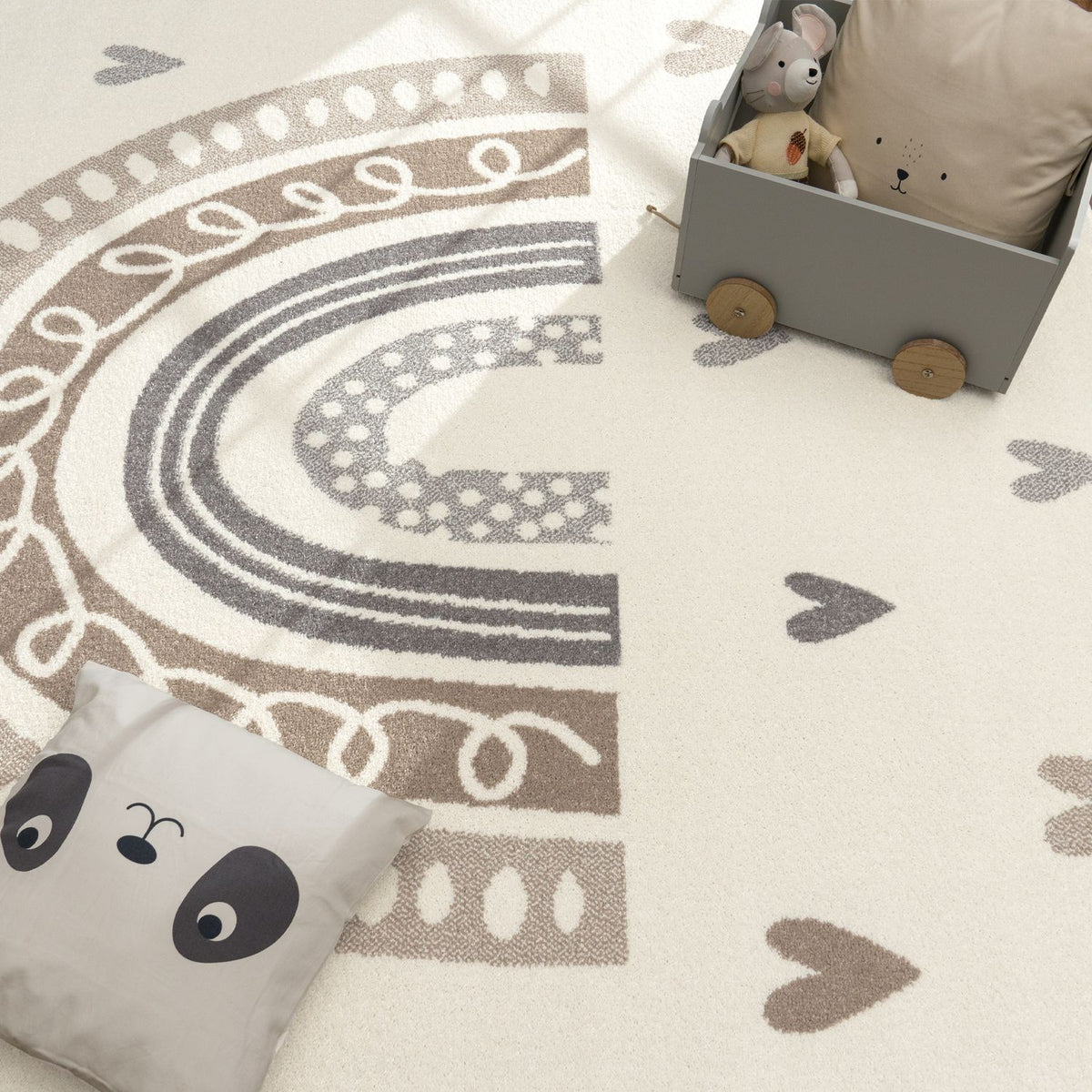Kids Rug Nino with Rainbow and Hearts for Nursery in Beige Brown