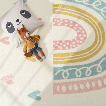 Kids Rug Nino with Rainbow and Hearts for Nursery in Cream