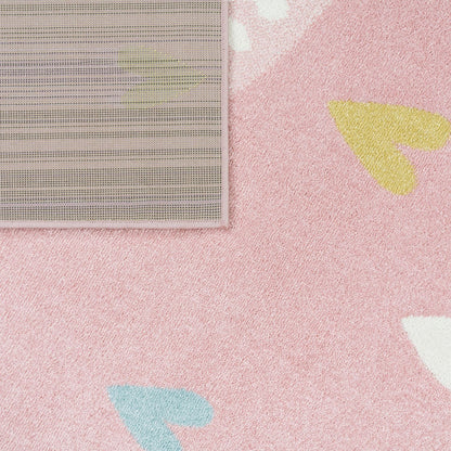 Kids Rug Nino with Rainbow and Hearts for Nursery in Pink