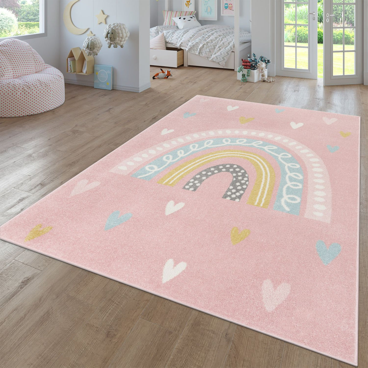 Kids Rug Nino with Rainbow and Hearts for Nursery in Pink