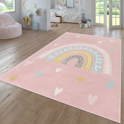 Kids Rug Nino with Rainbow and Hearts for Nursery in Pink