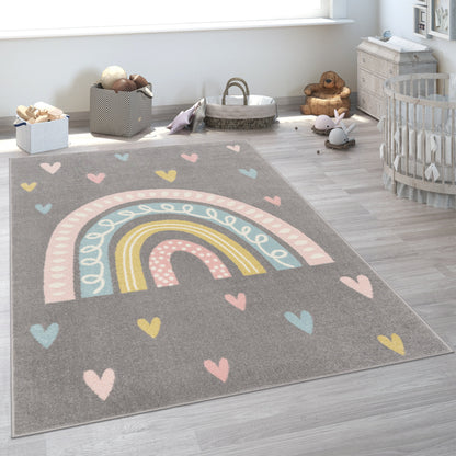 Kids Rug Nino with Rainbow and Hearts for Nursery in Grey
