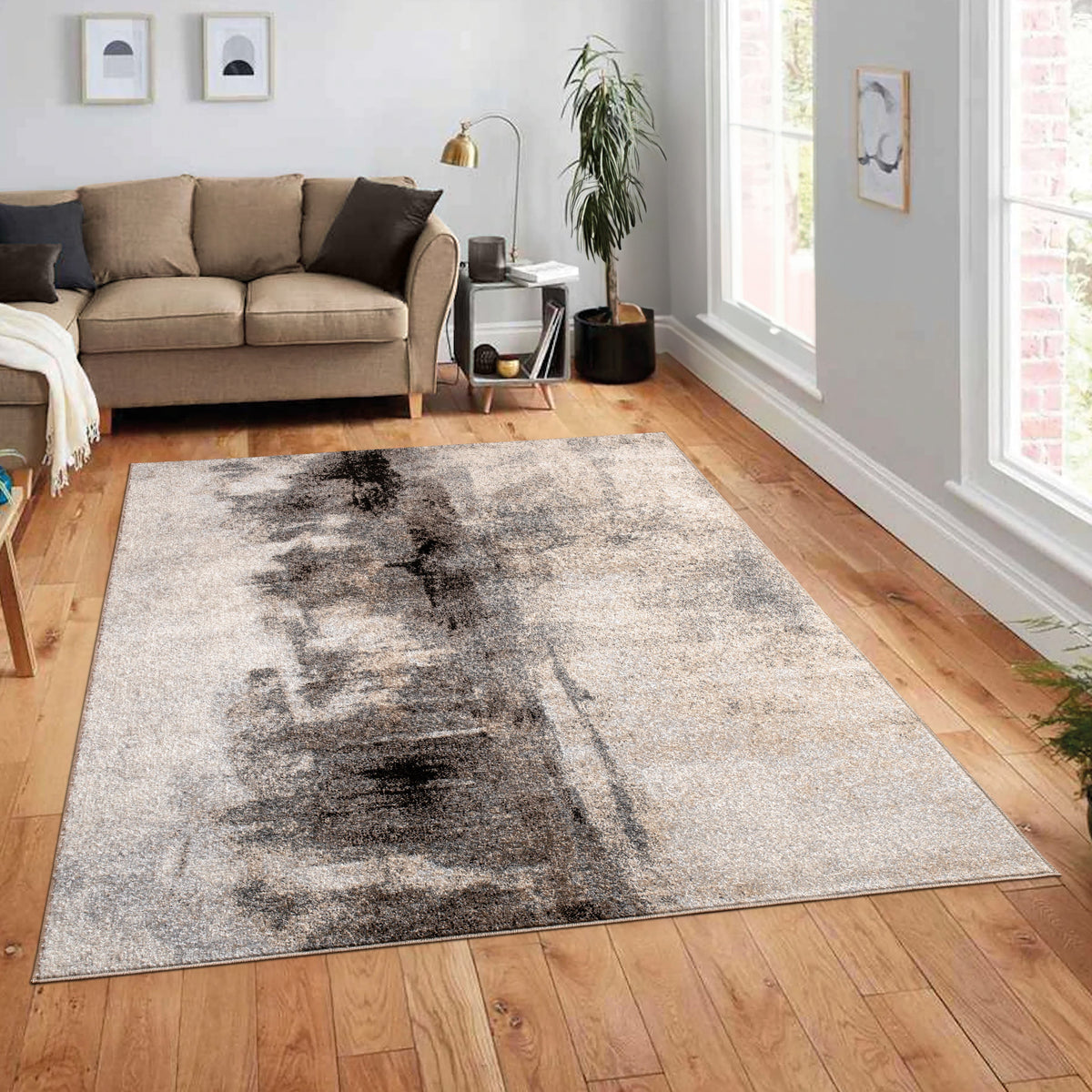 Designer Rug Mona with Modern Art Design in Cream and Black