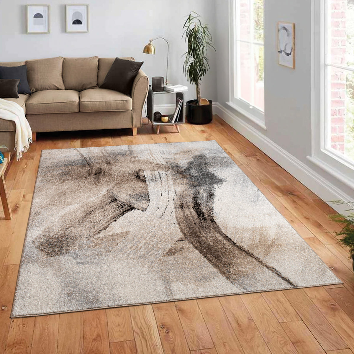 Designer Rug Mona with Artful Brushstroke Effect in Cream Brown Black
