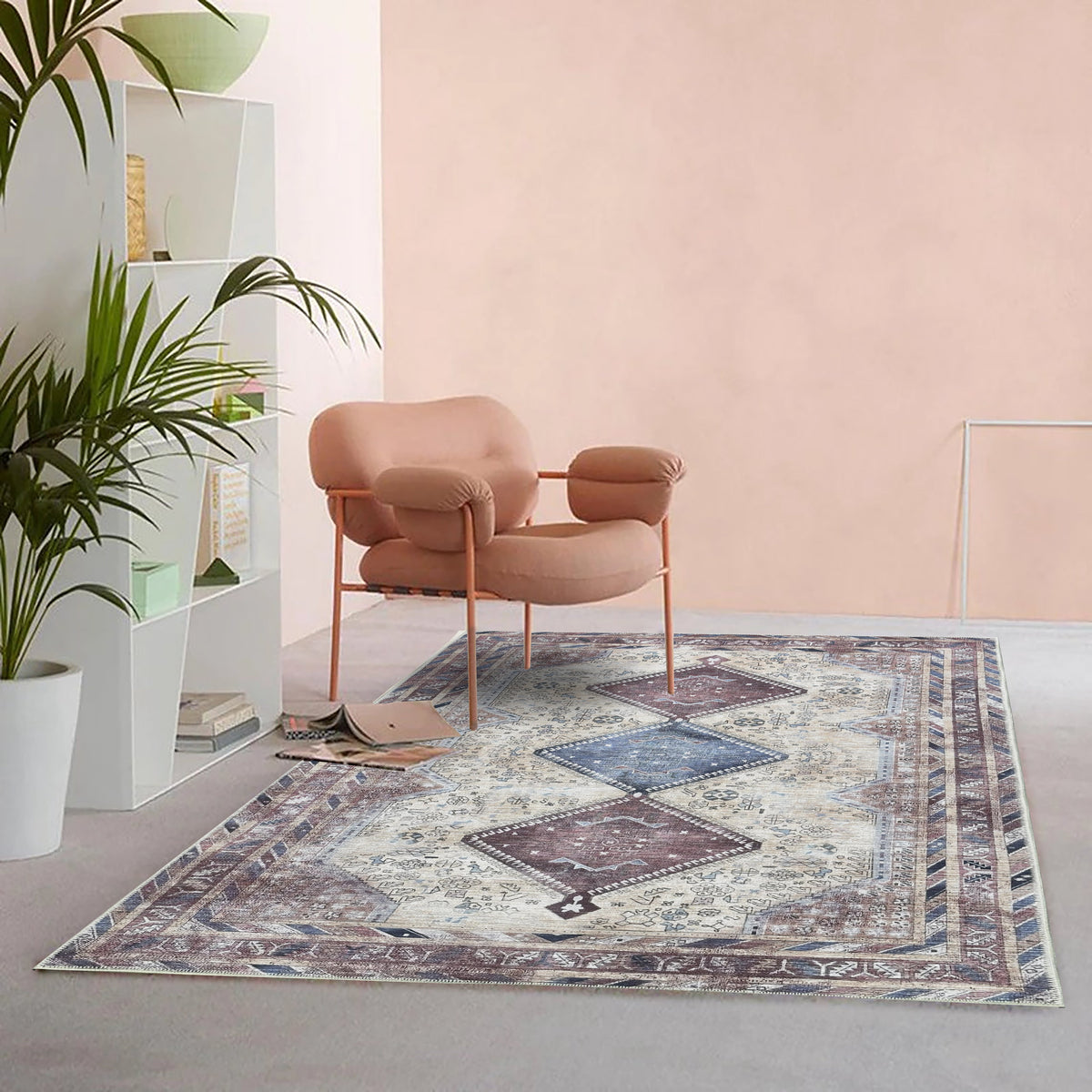 Azanna Terracotta Blue Beige Modern Turkish Rug