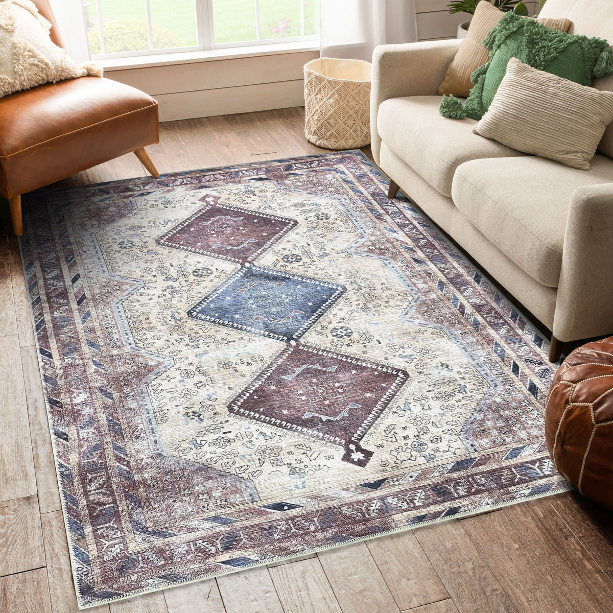 Azanna Terracotta Blue Beige Modern Turkish Rug