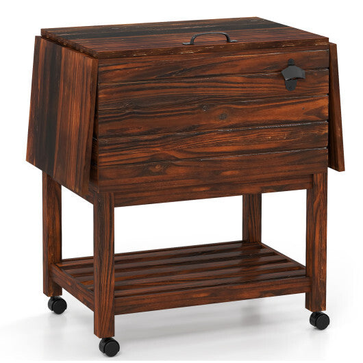 54 Quart Wooden Cooler Cart for Patio Rolling Ice Chest with Shelves-Brown