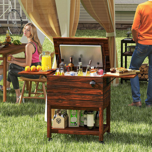 54 Quart Wooden Cooler Cart for Patio Rolling Ice Chest with Shelves-Brown
