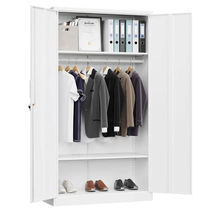 White Metal Locking Wardrobe Armoire Cabinet with Clothing Hanging Rod