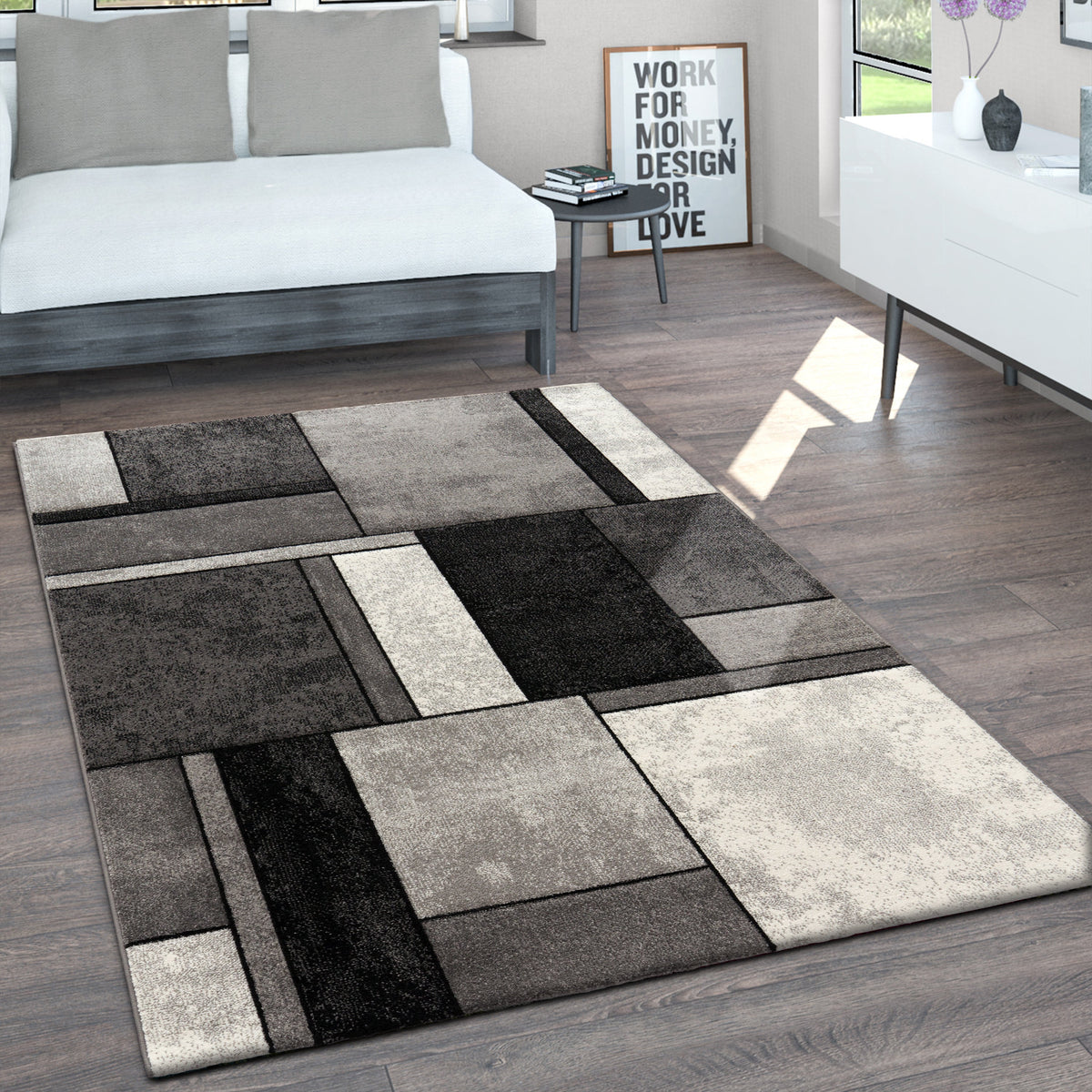Area Rug Brilliance with Geometric Squares in Black White