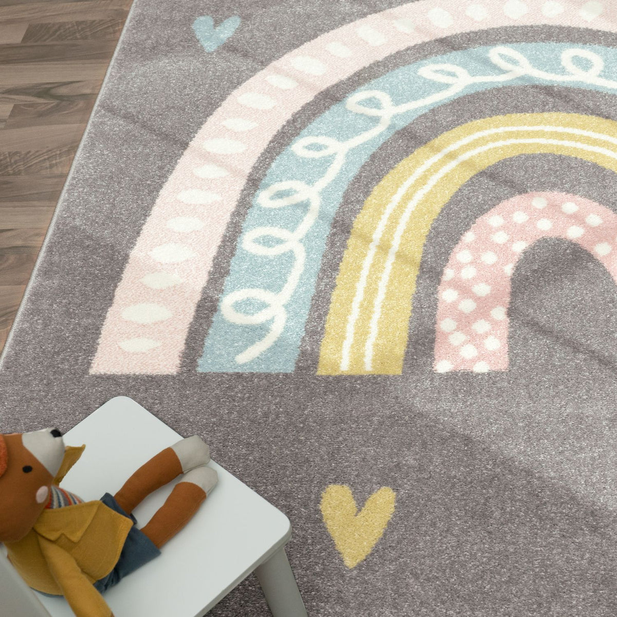Kids Rug Nino with Rainbow and Hearts for Nursery in Grey