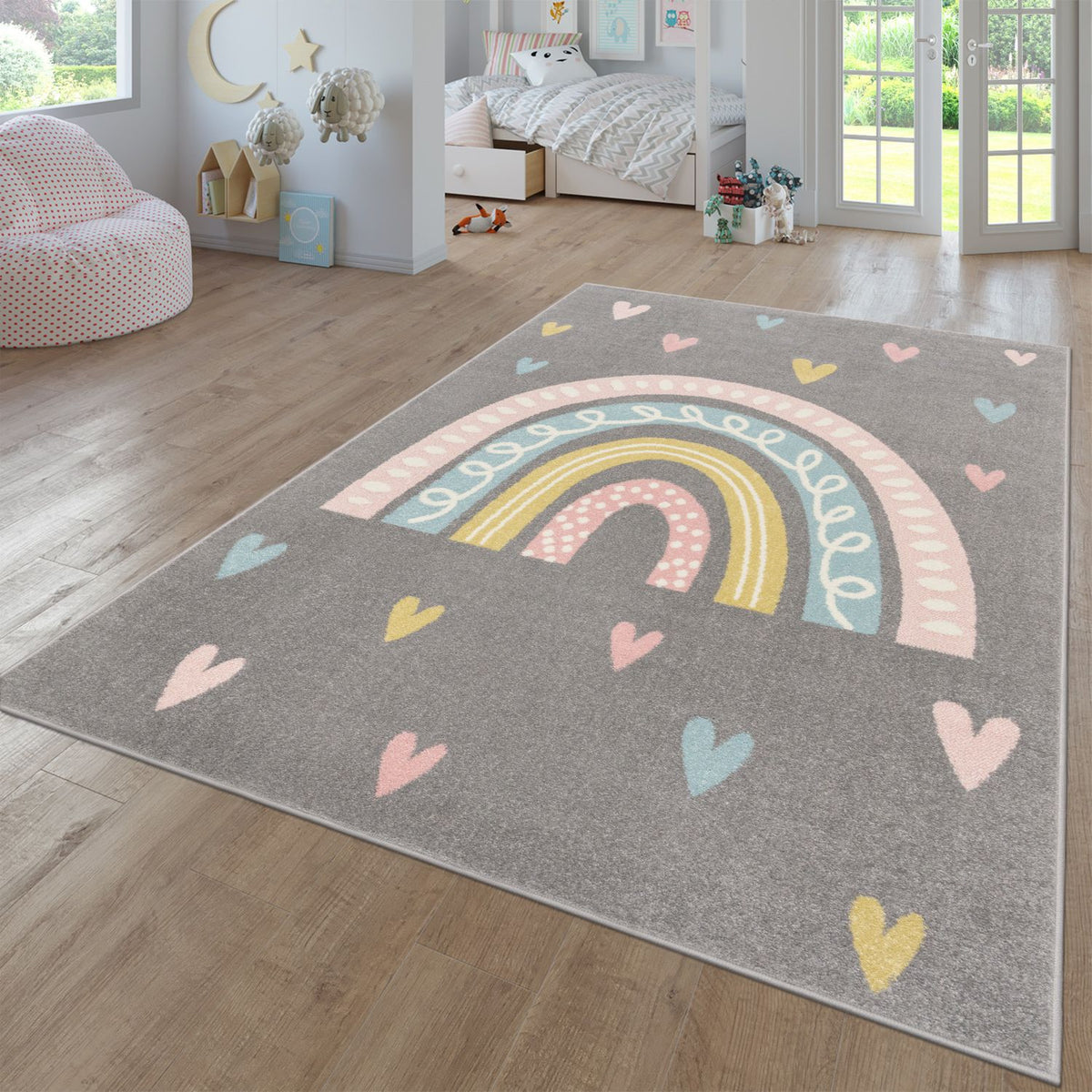 Kids Rug Nino with Rainbow and Hearts for Nursery in Grey