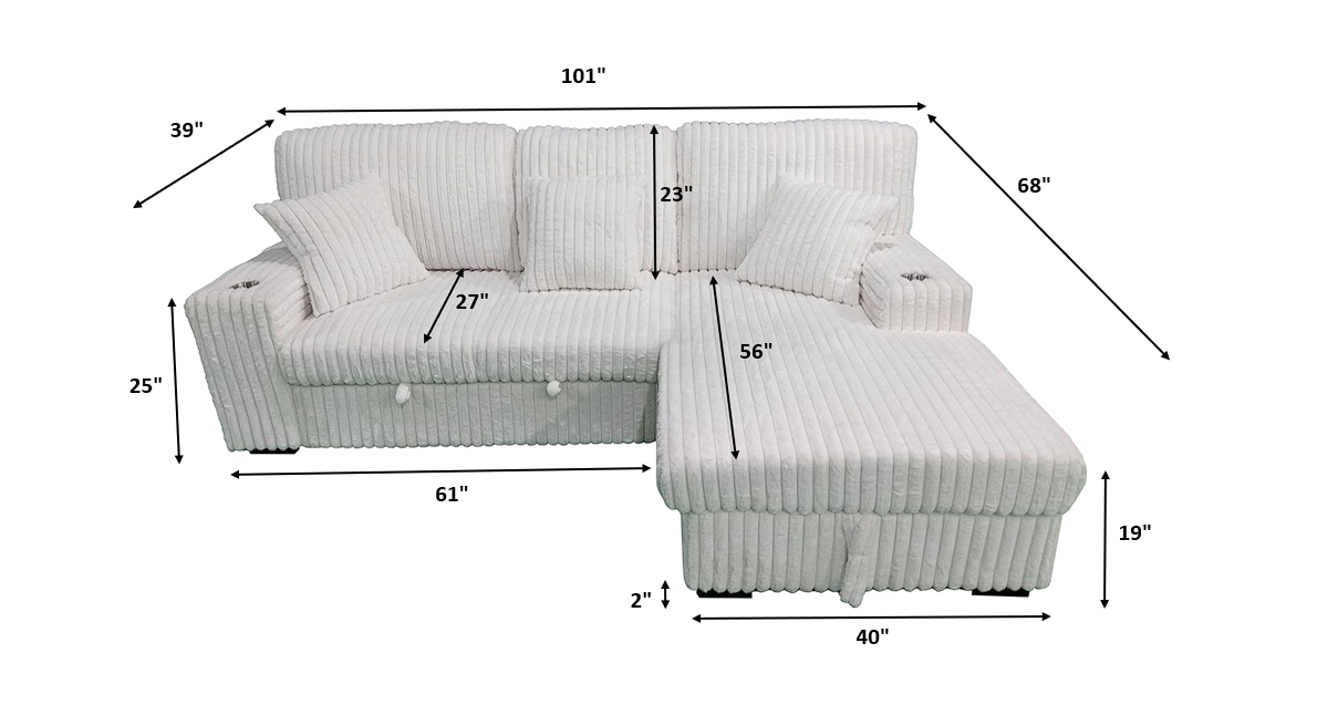 Venice Ivory Corduroy Storage Sleeper Sectional w/ Dual Cupholders &amp; USB Ports