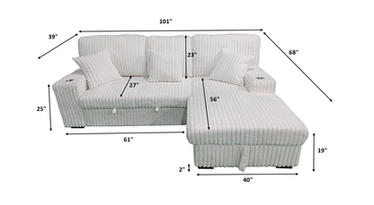 Venice Ivory Corduroy Storage Sleeper Sectional w/ Dual Cupholders &amp; USB Ports