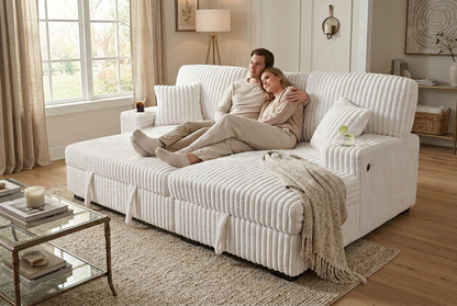 Venice Ivory Corduroy Storage Sleeper Sectional w/ Dual Cupholders &amp; USB Ports