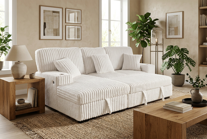 Venice Ivory Corduroy Storage Sleeper Sectional w/ Dual Cupholders &amp; USB Ports