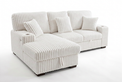 Venice Ivory Corduroy Storage Sleeper Sectional w/ Dual Cupholders &amp; USB Ports