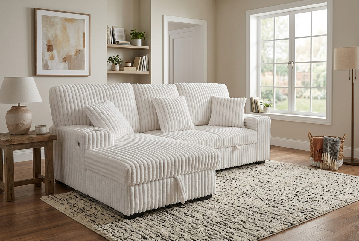 Venice Ivory Corduroy Storage Sleeper Sectional w/ Dual Cupholders &amp; USB Ports
