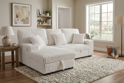Venice Ivory Corduroy Storage Sleeper Sectional w/ Dual Cupholders &amp; USB Ports
