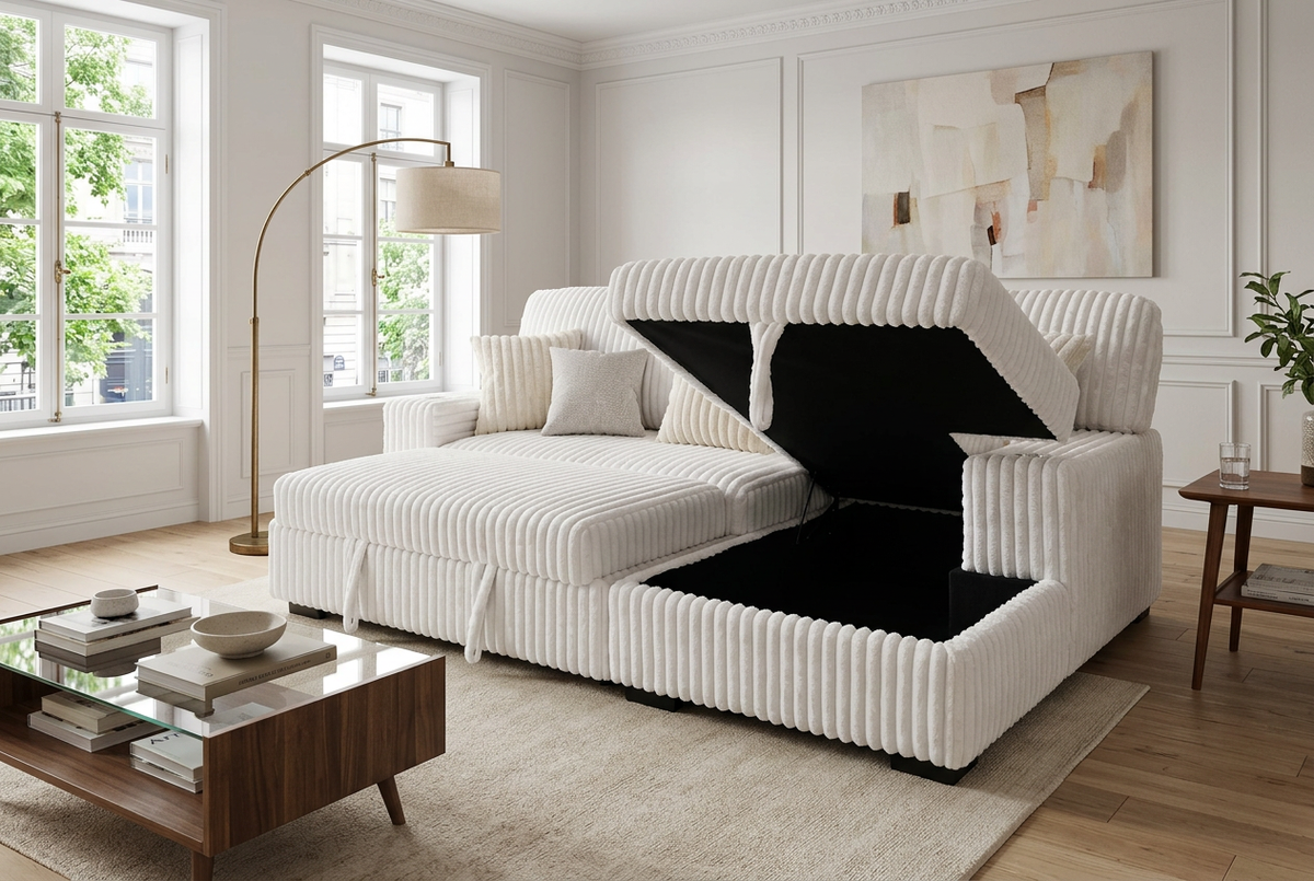 Venice Ivory Corduroy Storage Sleeper Sectional w/ Dual Cupholders &amp; USB Ports