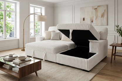 Venice Ivory Corduroy Storage Sleeper Sectional w/ Dual Cupholders &amp; USB Ports