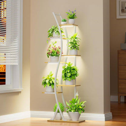 63-inch Tall Indoor Plant Stand with White Metal Frame and Wood Finish Shelves
