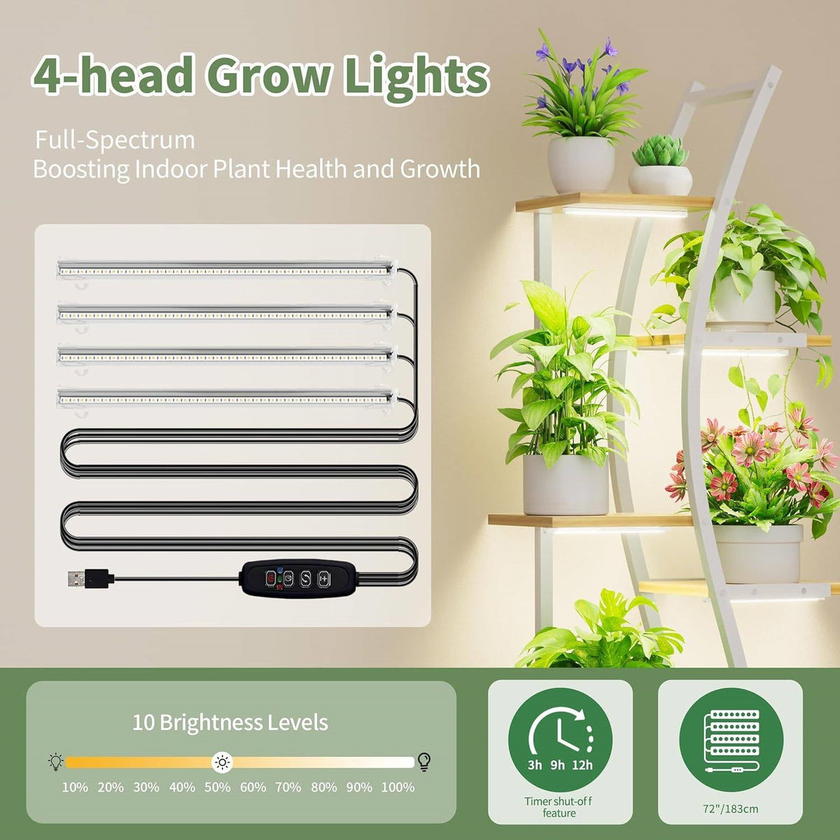 63-inch Tall Indoor Plant Stand with White Metal Frame and Wood Finish Shelves