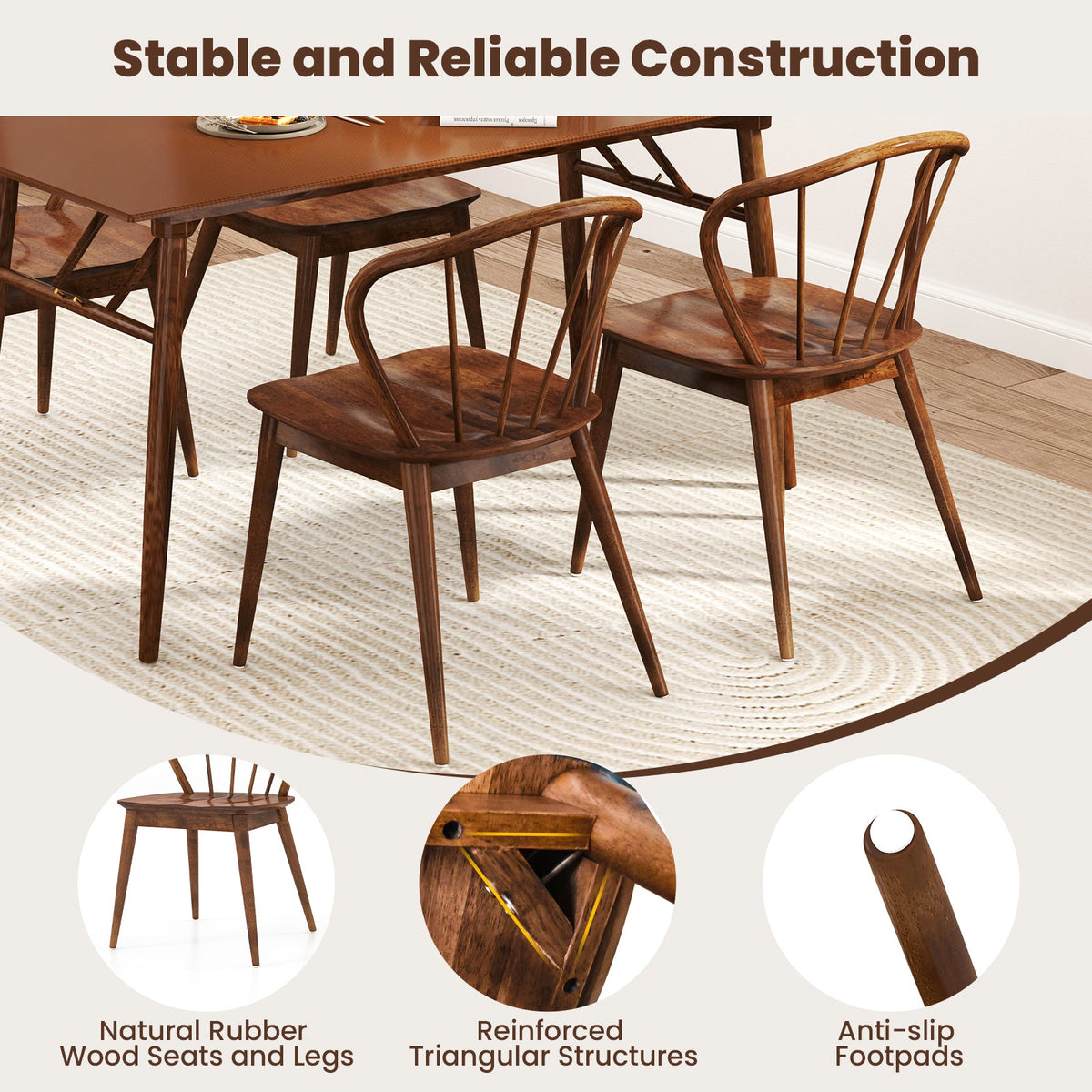 Wooden Dining Chair Set of 2 with High Spindle Back and Wide Seat