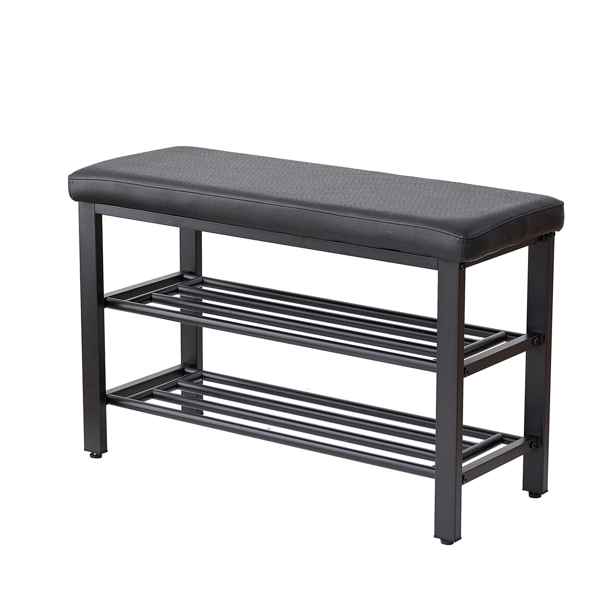 Shoe Bench With Cushion Storage Seat – Metal Frame and Faux Leather – Black or Dark Gray