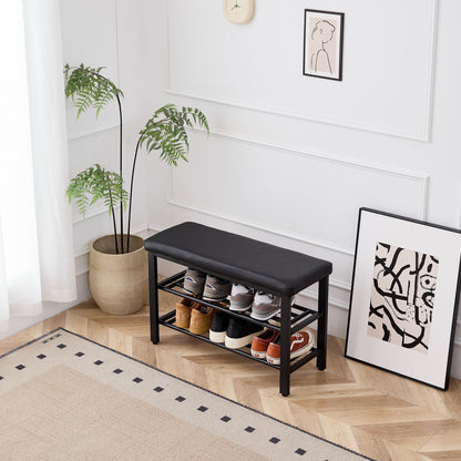 Shoe Bench With Cushion Storage Seat – Metal Frame and Faux Leather – Black or Dark Gray