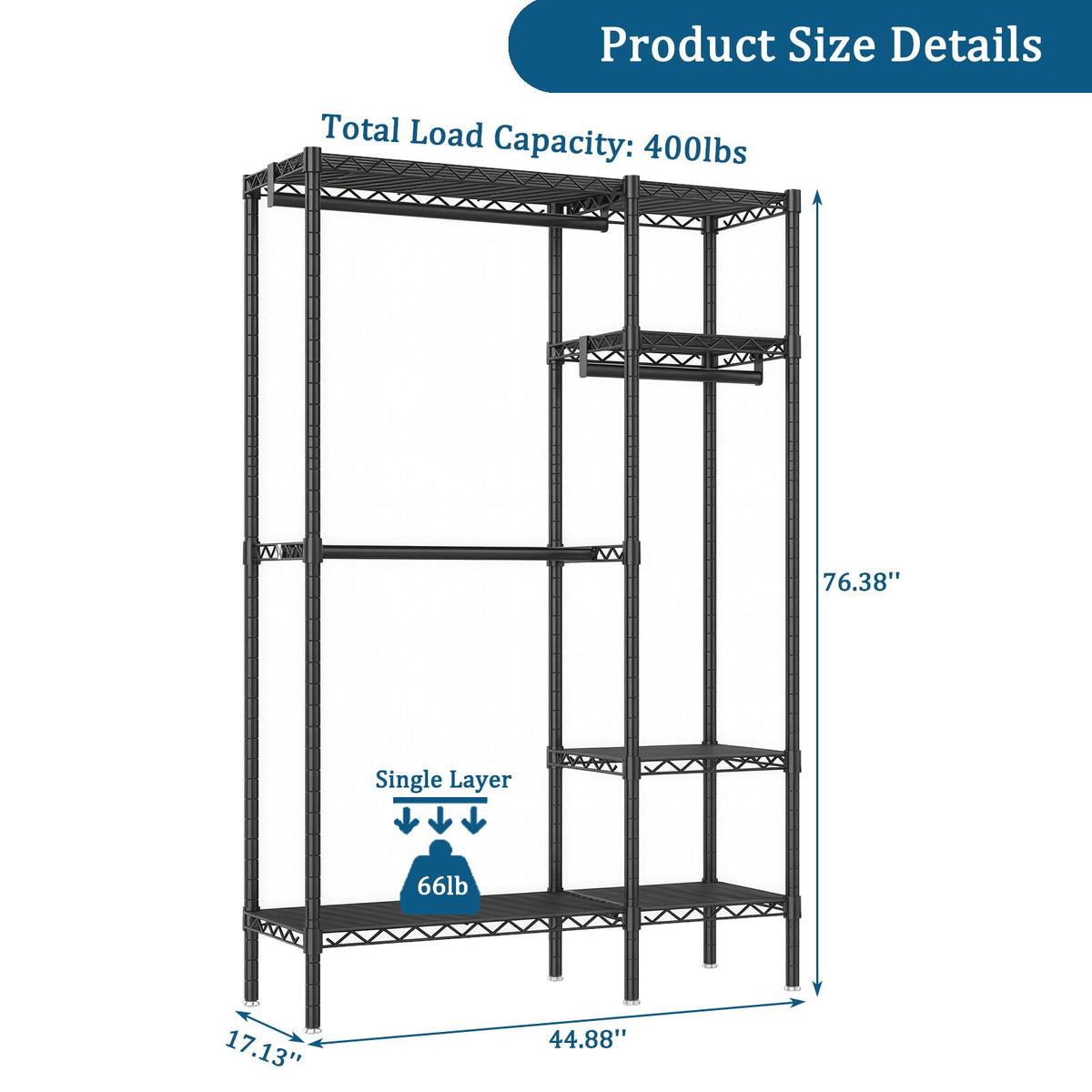 Freestanding Clothes Rack with Adjustable Shelves and 3 Garment Rails - Black