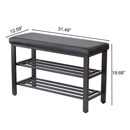 Shoe Bench With Cushion Storage Seat – Metal Frame and Faux Leather – Black or Dark Gray