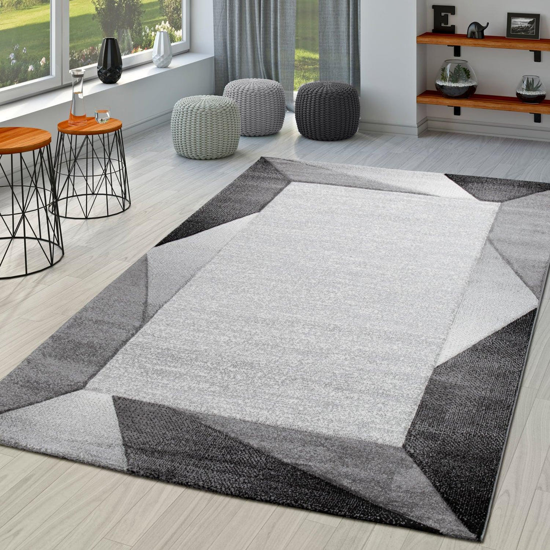 Living Room Rug Madeira Bordered with Geometric Pattern - Grey