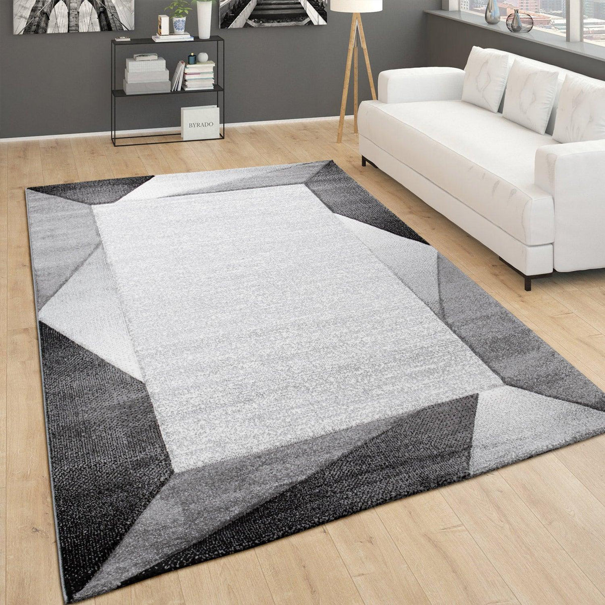 Living Room Rug Madeira Bordered with Geometric Pattern - Grey