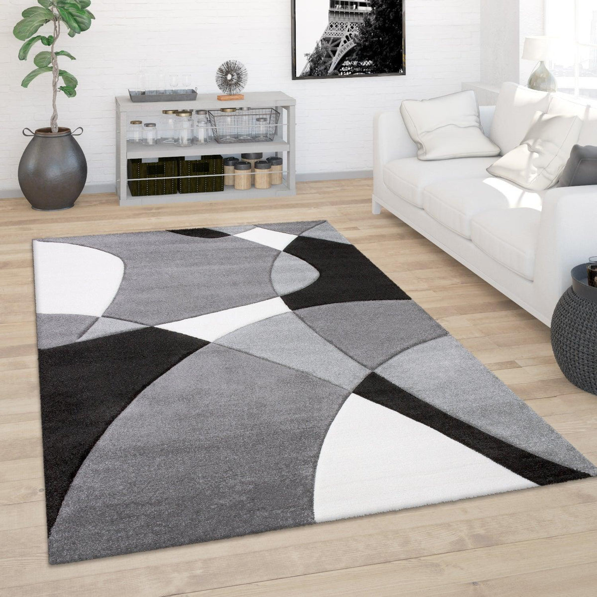 Area Rug Madeira Abstract Curved Pattern - Black White