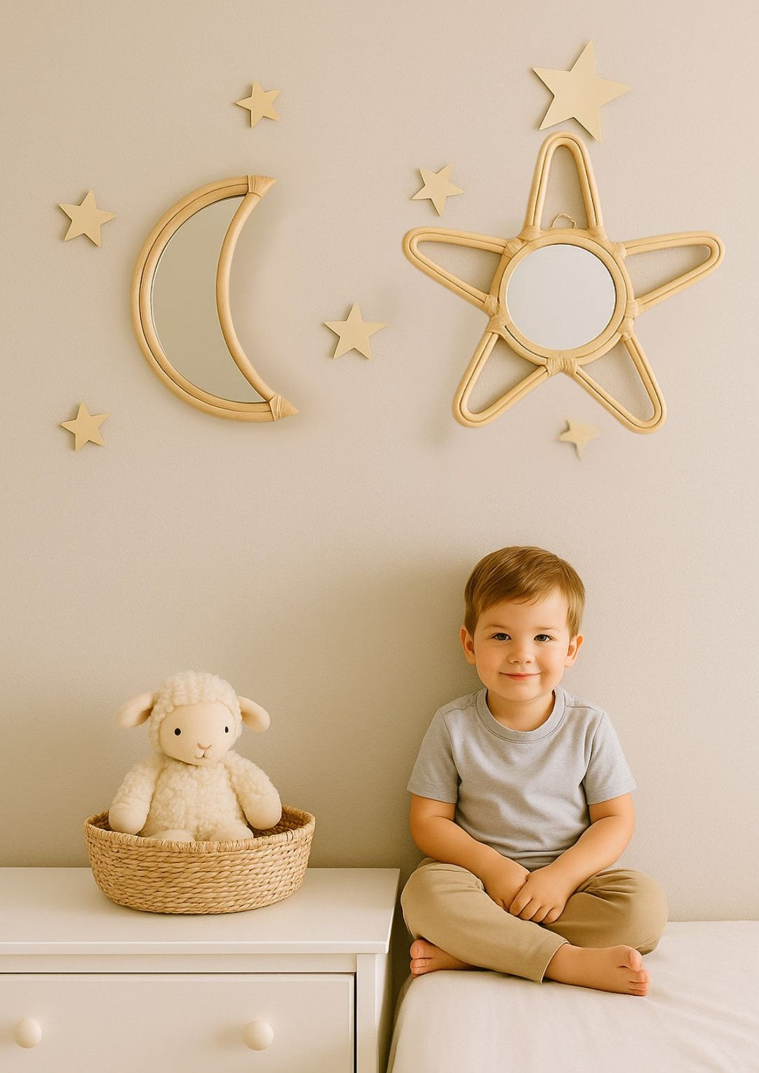 Rattan Moon Wall Mirror – Boho Space &amp; Mystical Kids Room Decor