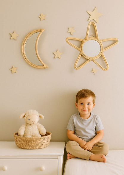 Rattan Moon Wall Mirror – Boho Space &amp; Mystical Kids Room Decor