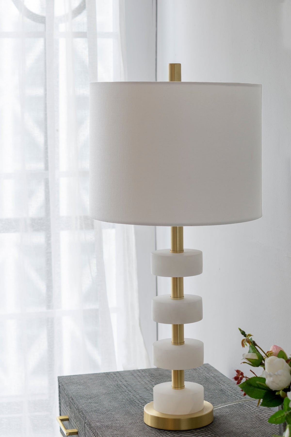 Marble Table Lamp with Brass Frame and White Fabric Shade - White + Gold