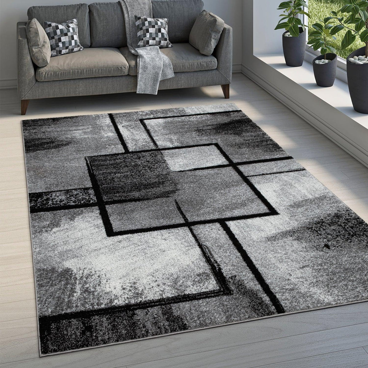 Gray Black Area Rug Mondial Modern Paint Effect