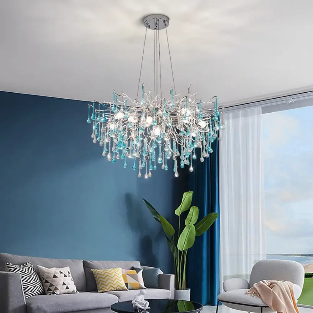 Blue Crystal Chandelier | Modern Dining Room Lighting