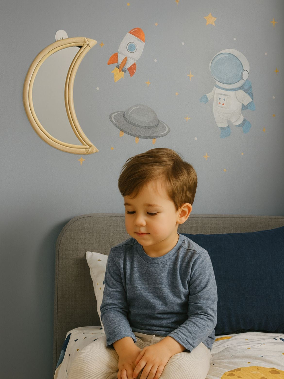 Rattan Moon Wall Mirror – Boho Space &amp; Mystical Kids Room Decor